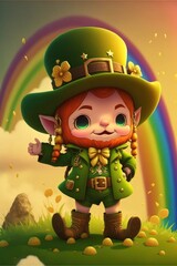 Obraz na płótnie Canvas Kawaii leprechaun with rainbow. Saint Patrick's day. Generative ai. 