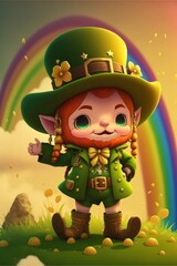 Kawaii leprechaun with rainbow. Saint Patrick's day. Generative ai. 