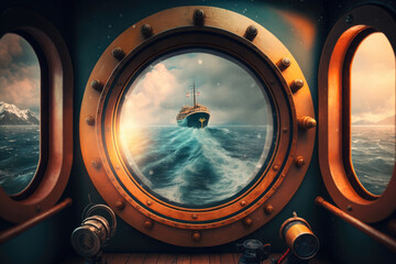 Porthole of a ship with view of a stormy sea. AI generative