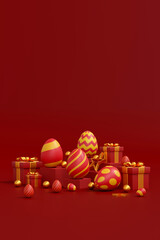A colorful Easter eggs on red background. Happy Easter day concept. 3D illustration