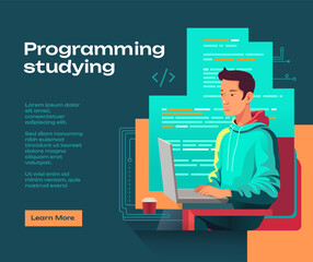 a man studying programming course banner advertisement flat vector design cartoon character, education, coding, abstract, web, engineering, developer, development, software, coding, create code, blue 