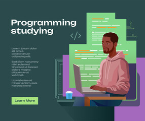 a man studying programming course banner advertisement flat vector, education, coding, abstract, web, engineering, developer, development, dark skin tone, software, coding, create code