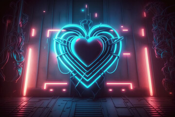 Glowing with neon lights Heart at the interior of a nightclub. AI generative