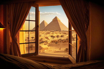 View from the window of the hotel room on the wonder of the world - the Great Egyptian Pyramids among the sands of the Sahara desert. AI generative - obrazy, fototapety, plakaty