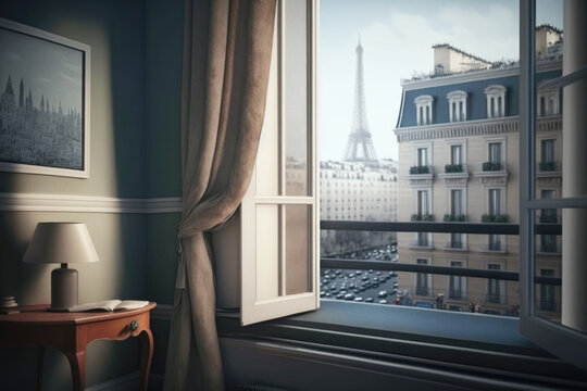 Hotel room with view of scenic Paris cityscape. AI generative