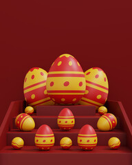 A colorful Easter eggs on red background. Happy Easter day concept. 3D illustration