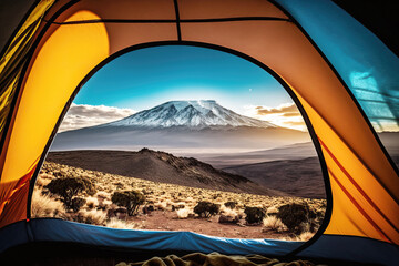 View from the tent of the famous Mount Kilimanjaro, a popular hiking attraction in Africa. AI generative - obrazy, fototapety, plakaty