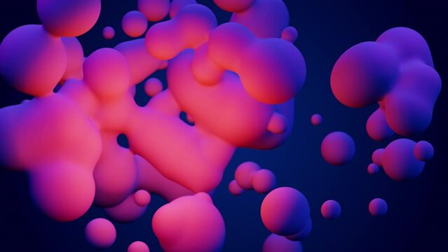 3d render pink blue metaball split into many bubbles meta balls deformation motion design animation abstract digital art moving flying round spheres medical business backdrop presentation background