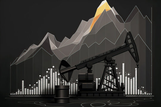 Oil rig pumping fuel against the background of graphs and diagrams of price changes, investment concept. AI generative