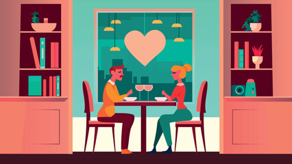 young couple in love man woman sitting at cafe table happy valentine day celebration relationship and romantic date