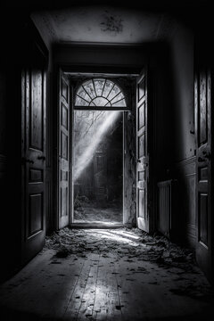 An open door at the end of the hallway in old abandoned house. Dark creepy scene, dramatic film noir horror concept. Vertical shot, black and white image.