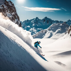 A skier carves down a powdery slope, leaving a trail of snow in his wake. Cutting through the crisp, cold air with grace and agility. AI generative