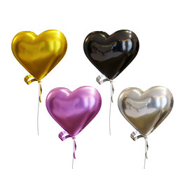 3d rendering of shiny love balloons gold pink metal silver glossy black