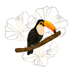Exotic tucan design with golden lineart flowers PNG