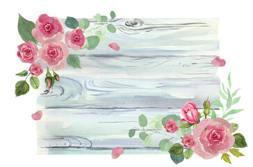 Watercolor roses and petals on rustic wooden background.