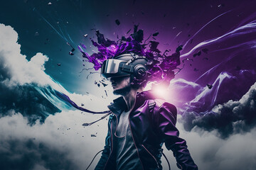 Obraz premium Young man using virtual reality headset. VR glasses, futuristic, technology, online education, education, video game concept. Generative AI.