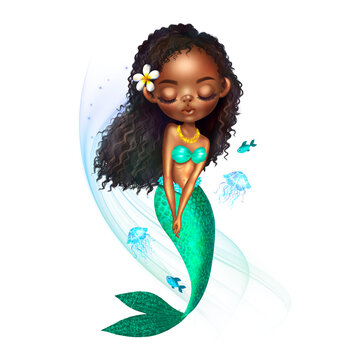 Little mermaid, mermaid girl, beautiful mermaid, dark-skinned mermaid with curly hair, mermaid baby print
