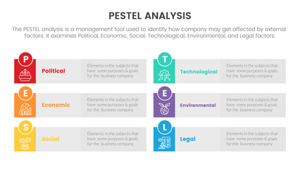 pestel business analysis tool framework infographic with long rectangle shape symmetric 6 point stages concept for slide presentation