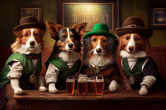 Saint Patricks day celebration. Dogs in pub with beer glasses. Old friends in hats. Generative Ai Art. Interior with warm light. Irish bar.