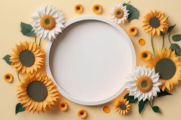 Fototapeta premium Empty round frame with sunflowers flowers, flat lay. Display abstract minimal podium product package mock up presentation. Generative AI