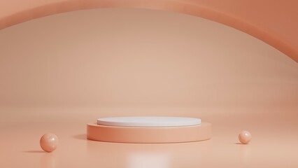 3D podium on brown or cream background.Realistic white stand.Platform show cosmetic product.Pedestal,Abstract scene,Empty,display presentation,Pastel beige.Minimal mockup 3d render.