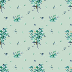 Seamless pattern with eucalyptus and berries. Watercolor botanical ornament for cards, packaging, wrapping, stationery, fabric, textile. Wedding, birthday, anniversary design.