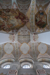 Magnificent opulent splendid Bavarian baroque church cathedral basilica interiors with stucco,...