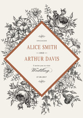 Thank You love. Wedding marriage invitation bouquet. Beautiful blooming flowers Vintage greeting card Frame Drawing engraving Petunia Chamomile Rose isolated floral Wallpaper. Vector  Illustration.  