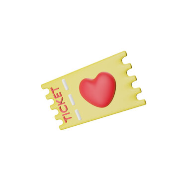 3d rendering love ticket icon. 3d render heart shape on yellow ticket icon. Love ticket.