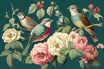 Elegant floral pattern with flowers and birds, generative AI