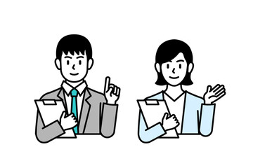 Illustration depicting a business man and business woman explaining to a customer