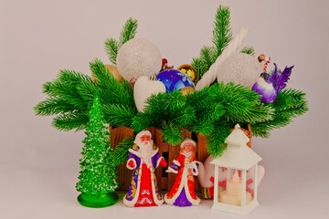 Gift basket for Christmas cards with Christmas tree toys, cones and accessories.Snow...