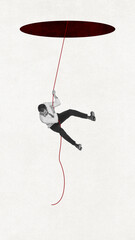 Contemporary artwork. Businessman hanging on thread, reaching professional success. Overcoming...