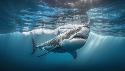 Fotografía profesional tiburón blanco en el océano azul, creado con IA generativa
