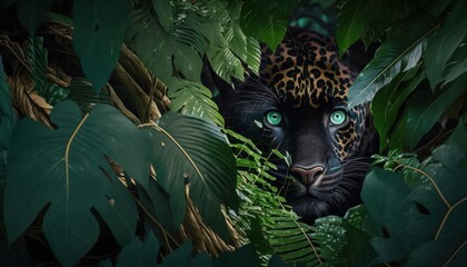 Leopardo escondido en la jungla, creado con IA generativa - obrazy, fototapety, plakaty