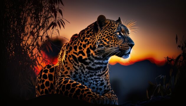 Leopardo tumbado en un &aacute;rbol al atardecer, fotograf&iacute;a profesional grandes felinos, creado con IA generativa