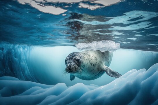 Foca nadando en las aguas heladas de la Ant&aacute;rtida, leon marino en el hielo, creado con IA generativa 
