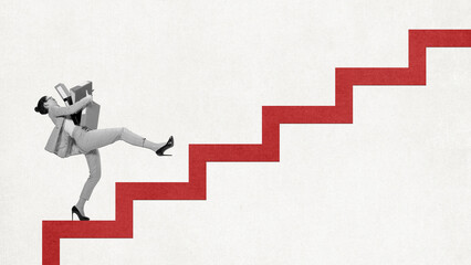 Contemporary art collage. Hard-working woman, employee holding folders and moving up the stairs....