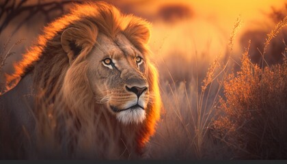 Fotografía profesional león en la sabana al atardecer, León macho, rey de la naturaleza, creado con IA generativa - obrazy, fototapety, plakaty