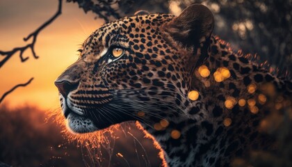 Retrato Leopardo tumbado en un árbol al atardecer, fotografía profesional grandes felinos, creado con IA generativa