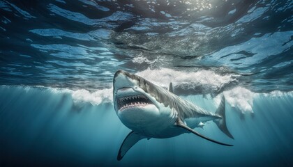 Fototapeta premium Fotografía profesional tiburón blanco en el océano azul, creado con IA generativa