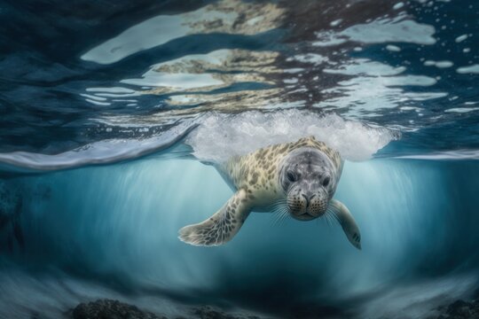 Foca nadando en las aguas heladas de la Ant&aacute;rtida, leon marino en el hielo, creado con IA generativa 