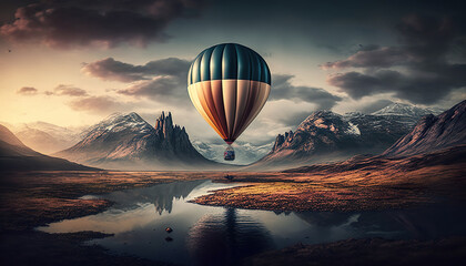 Hot Air Balloon Flies Over Beautiful Landscape With Lake And Mountains - Generative AI
