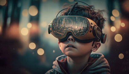 Young Kid Boy Is Looking Trough A Virtual Reality Glasses - Generative AI - obrazy, fototapety, plakaty