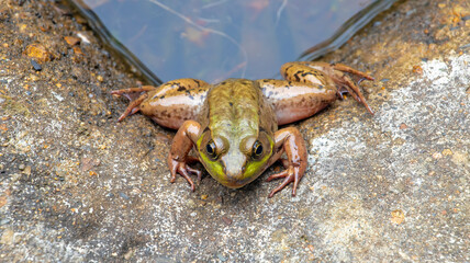 Aquatic Amphibian Southern American Bullfrog Green Pig Frog in Pond Water Concrete Cement Corner Brown Lagoon Legs Eyes Close Up Macro Photo
