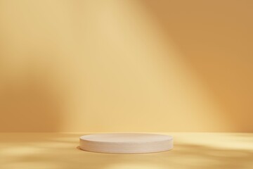 3D display podium on brown or yellow background with window shadow.Wooden stand.Platform show cosmetic product.Pedestal,Abstract scene,Empty,display presentation,Pastel beige.Minimal mockup 3d render.