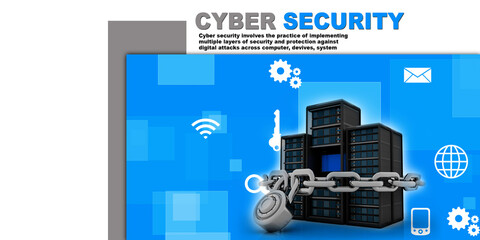 3d illustration Data center server protection lock