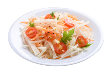 Healthy salad with sliced kohlrabi, carrot, tomato and mizuna leaf, Vegan food