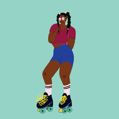 roller skates at an outdoor skate park.  roller skates in a vintage derby pose. Roller skating girls. Girl power concept poster. Young fit black woman on roller skates.