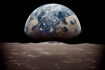 Illustration of Earth viewed from the surface of the moon. Generative AI.